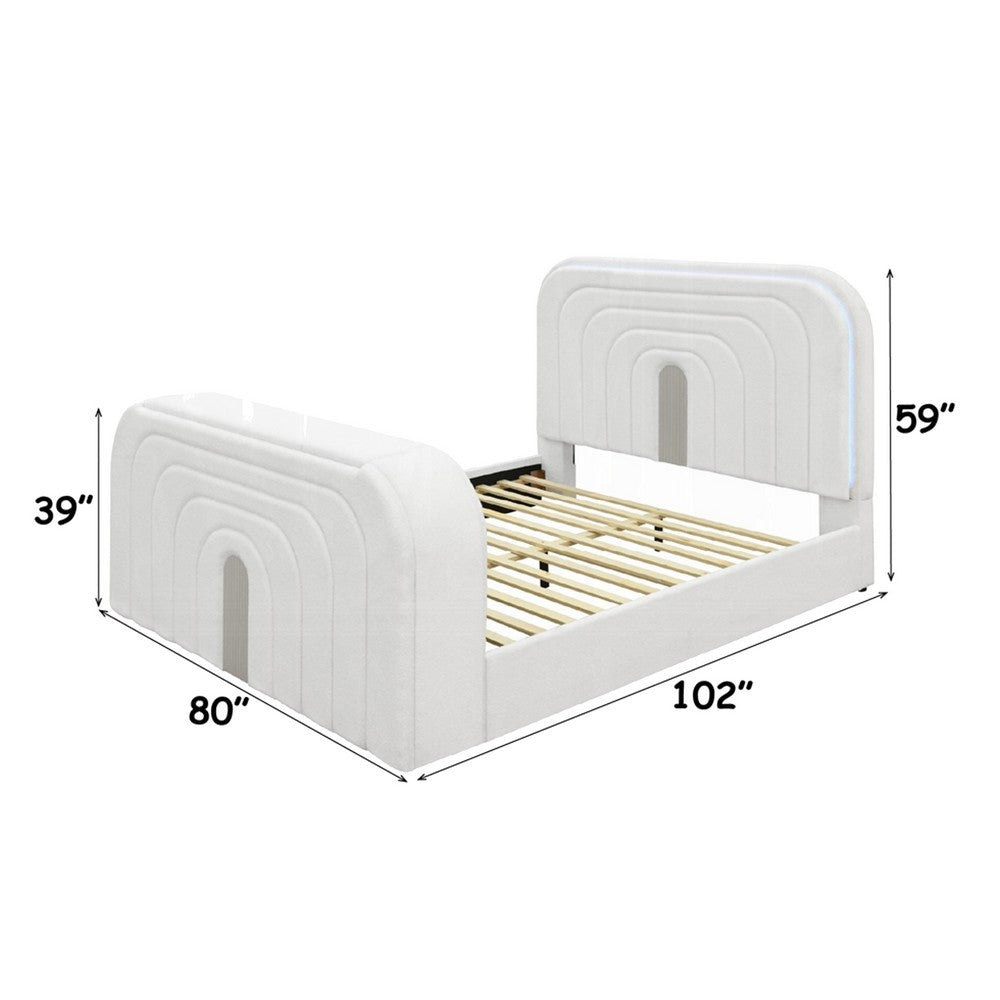 Kery King LED Bed | TV Cabinet | Fireplace | White Teddy Sherpa Upholstery