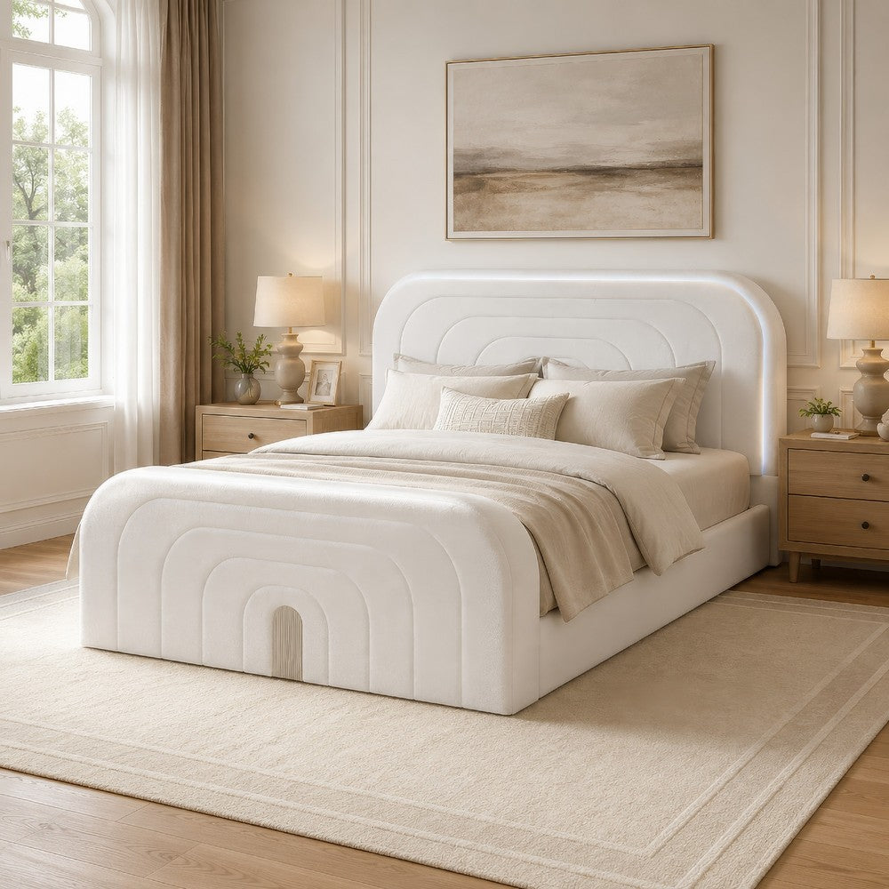 Kery King LED Bed | TV Cabinet | Fireplace | White Teddy Sherpa Upholstery