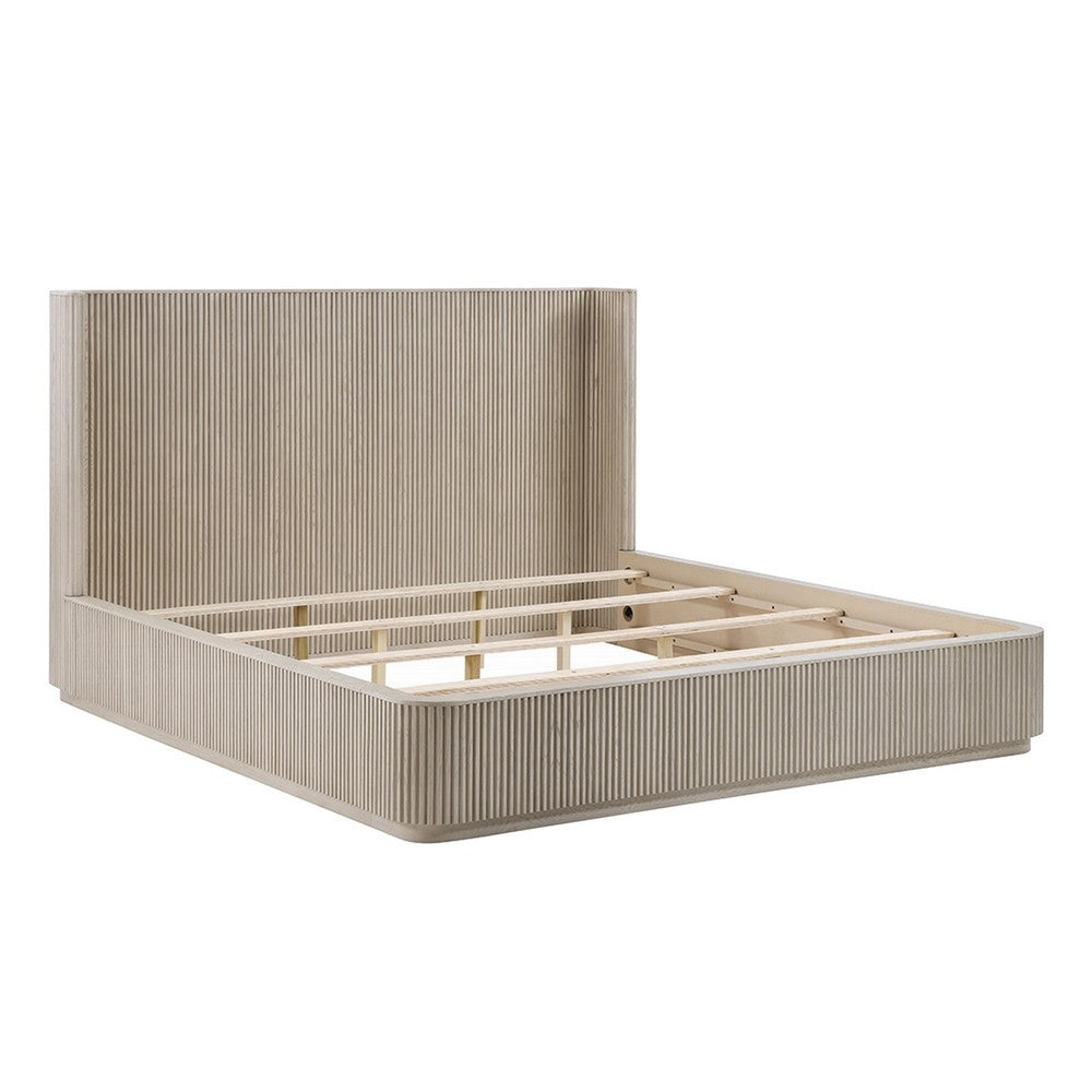Dery King Bed | Wingback | Vertical Reeds | Plinth Base | Light Oak Brown