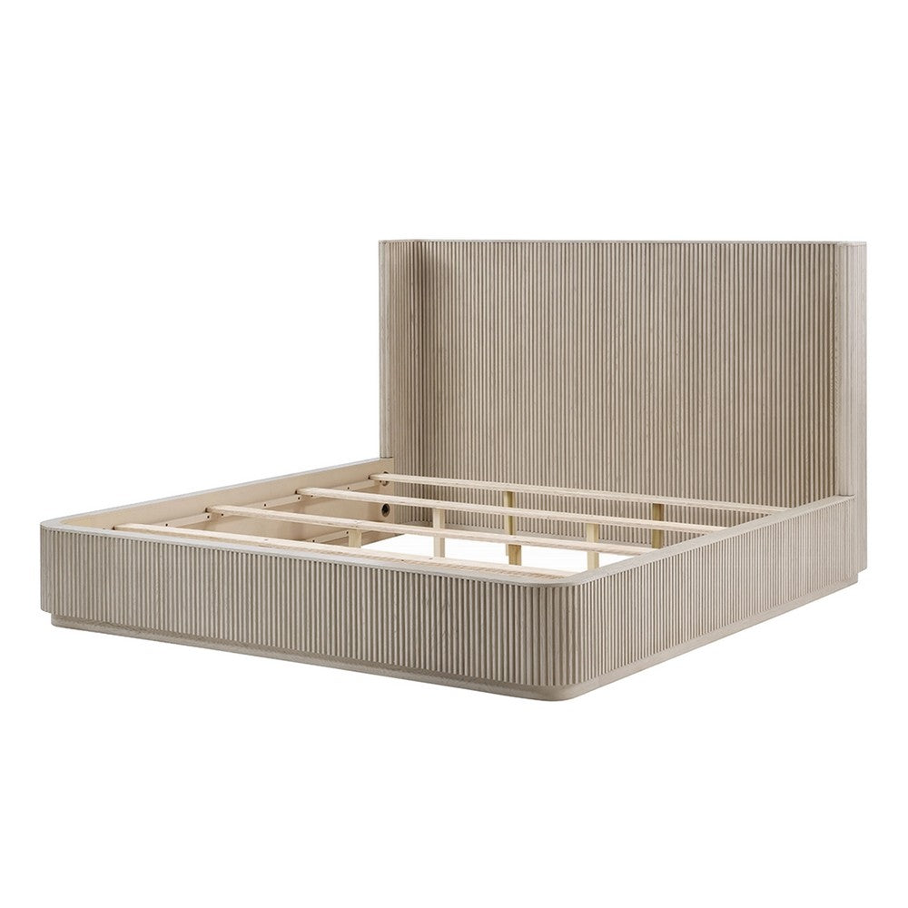 Dery King Bed | Wingback | Vertical Reeds | Plinth Base | Light Oak Brown