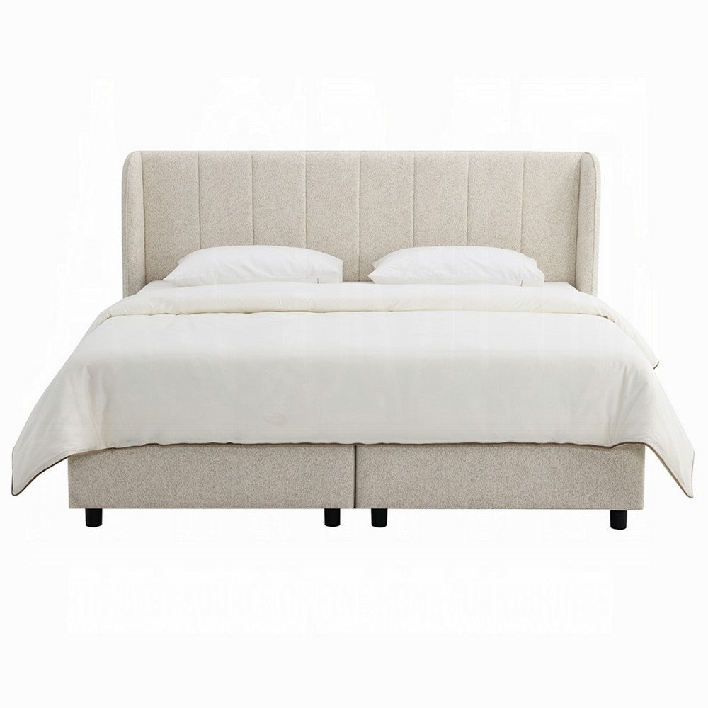 Koe Queen Storage Bed | Wingback | Channel Tufted Beige Chenille Upholstery
