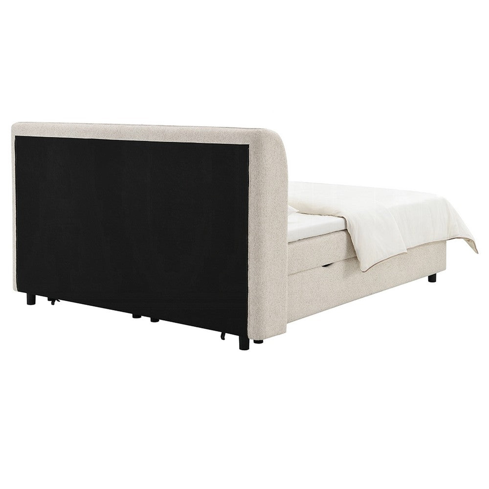 Koe Queen Storage Bed | Wingback | Channel Tufted Beige Chenille Upholstery