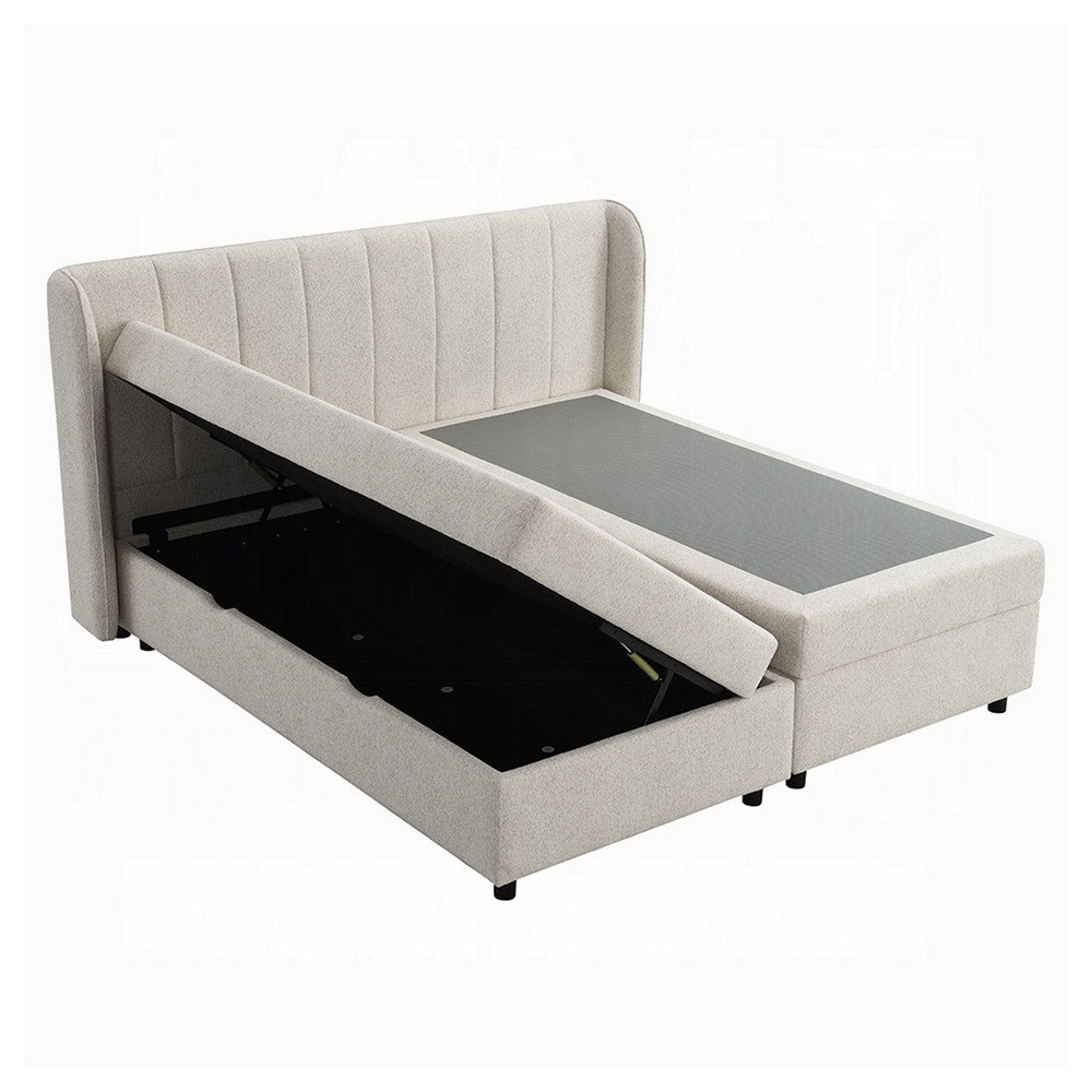 Koe Queen Storage Bed | Wingback | Channel Tufted Beige Chenille Upholstery