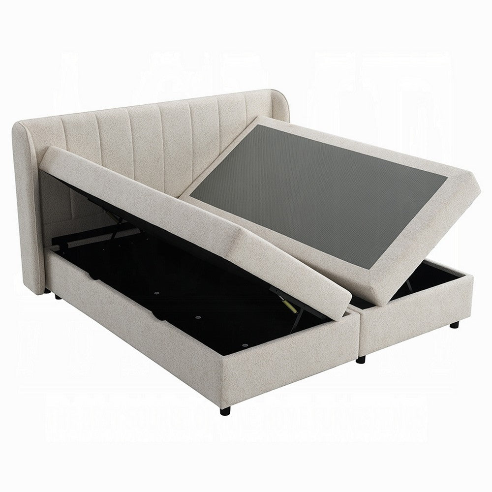 Koe Queen Storage Bed | Wingback | Channel Tufted Beige Chenille Upholstery