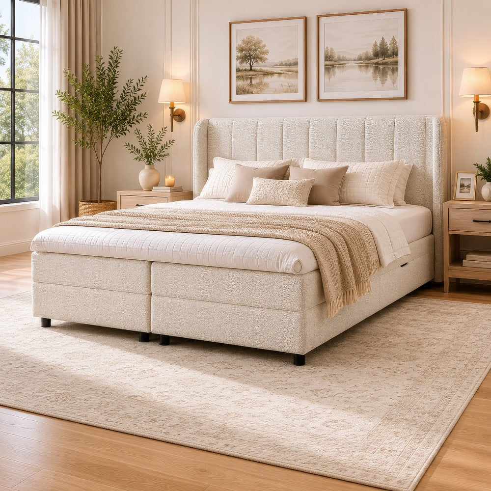 Koe Queen Storage Bed | Wingback | Channel Tufted Beige Chenille Upholstery