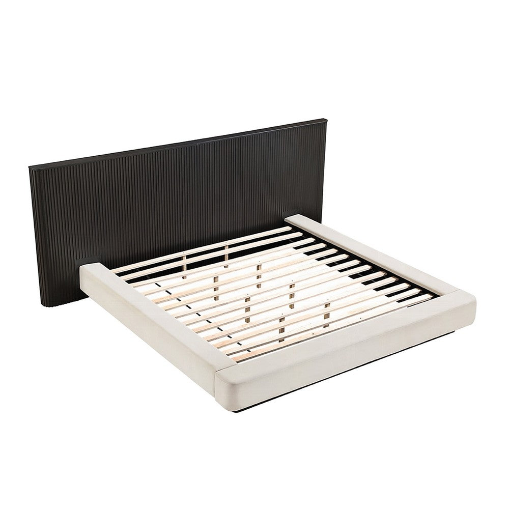 Jeh King Low Platform Bed | Fluted Headboard | Beige Linen | Espresso Brown