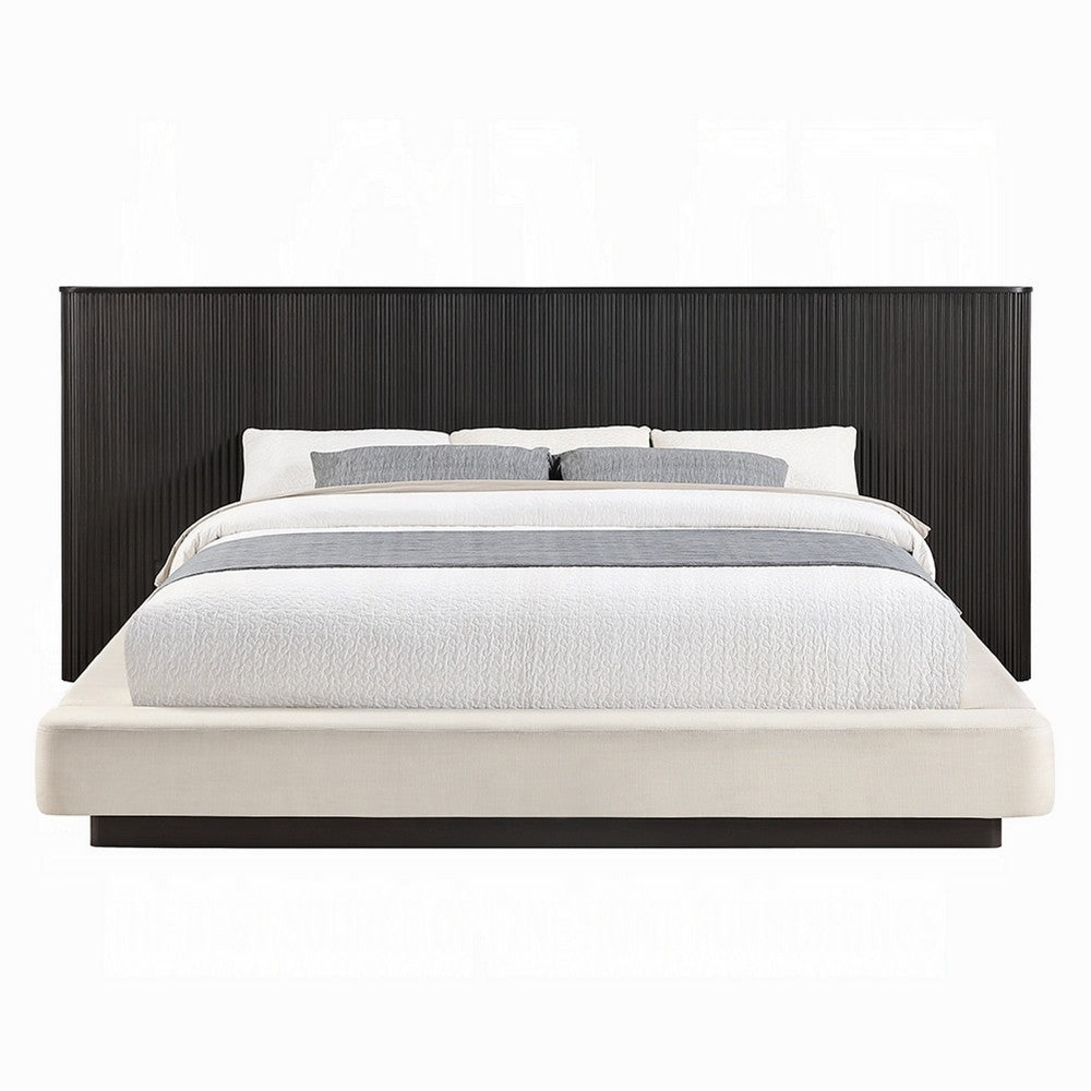 Jeh King Low Platform Bed | Fluted Headboard | Beige Linen | Espresso Brown