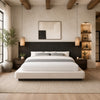 Jeh King Low Platform Bed | Fluted Headboard | Beige Linen | Espresso Brown
