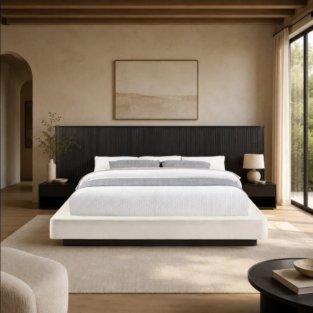 Jeh King Low Platform Bed | Fluted Headboard | Beige Linen | Espresso Brown