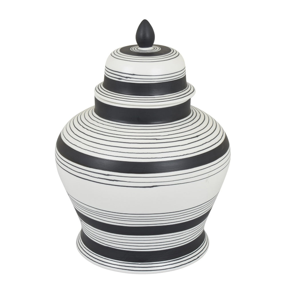 Decorative Ginger Jar with Lid | Black & White Striped Ceramic | 12"