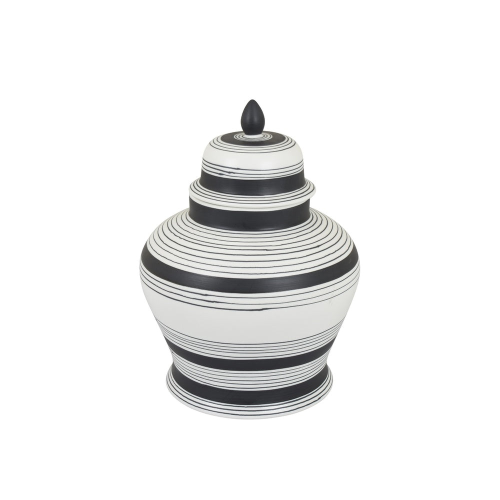 Decorative Ginger Jar with Lid | Black & White Striped Ceramic | 12"