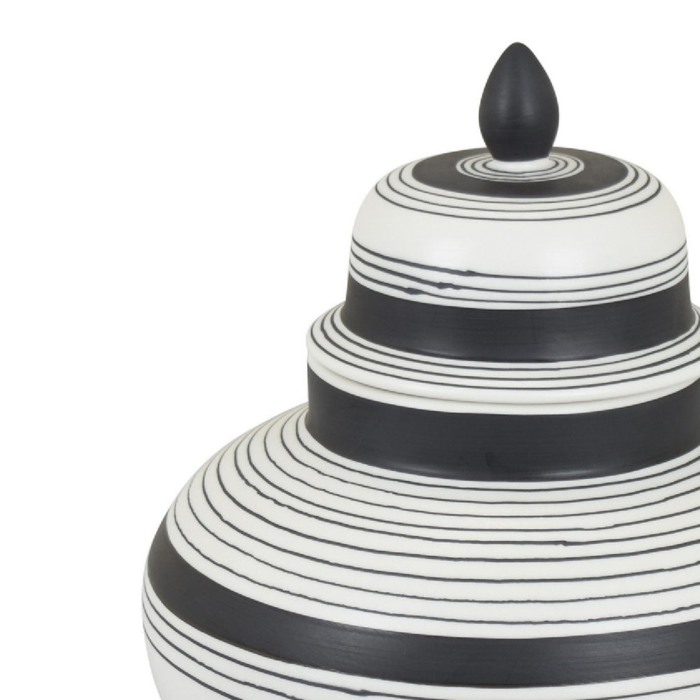 Decorative Ginger Jar with Lid | Black & White Striped Ceramic | 12"