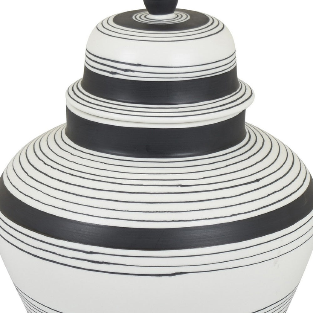Decorative Ginger Jar with Lid | Black & White Striped Ceramic | 12"