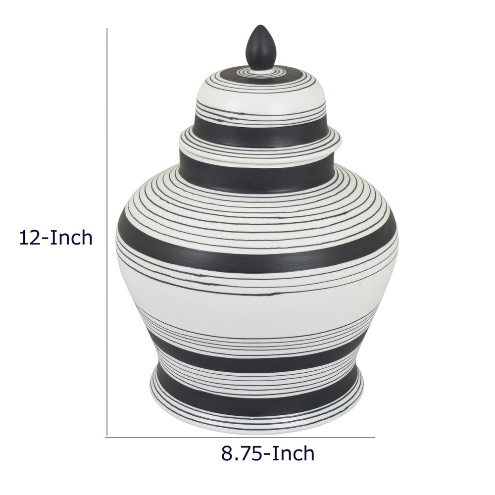 Decorative Ginger Jar with Lid | Black & White Striped Ceramic | 12"