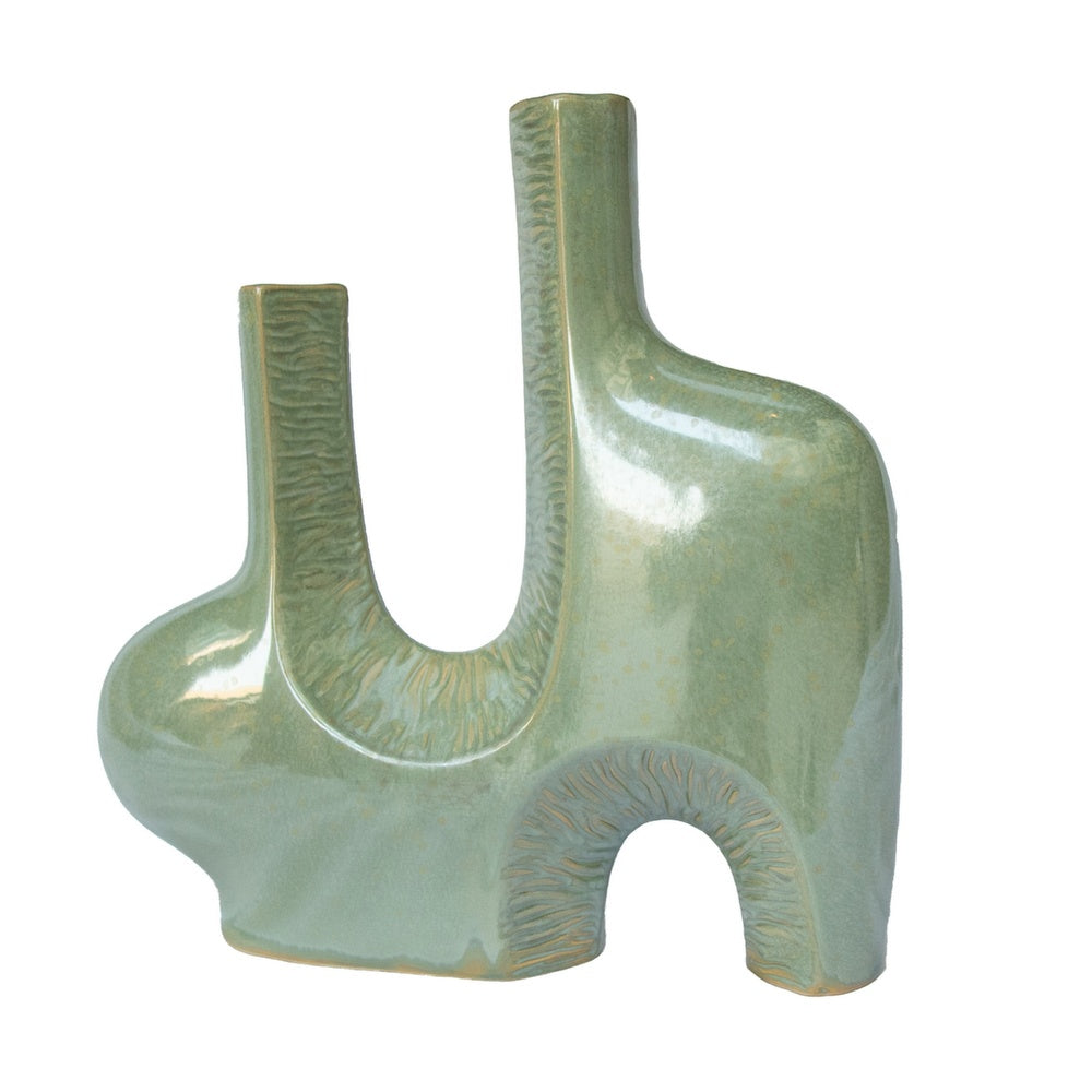 Decorative Vase | Dual Neck Sculptural Art | Sage Green Ceramic | 14"