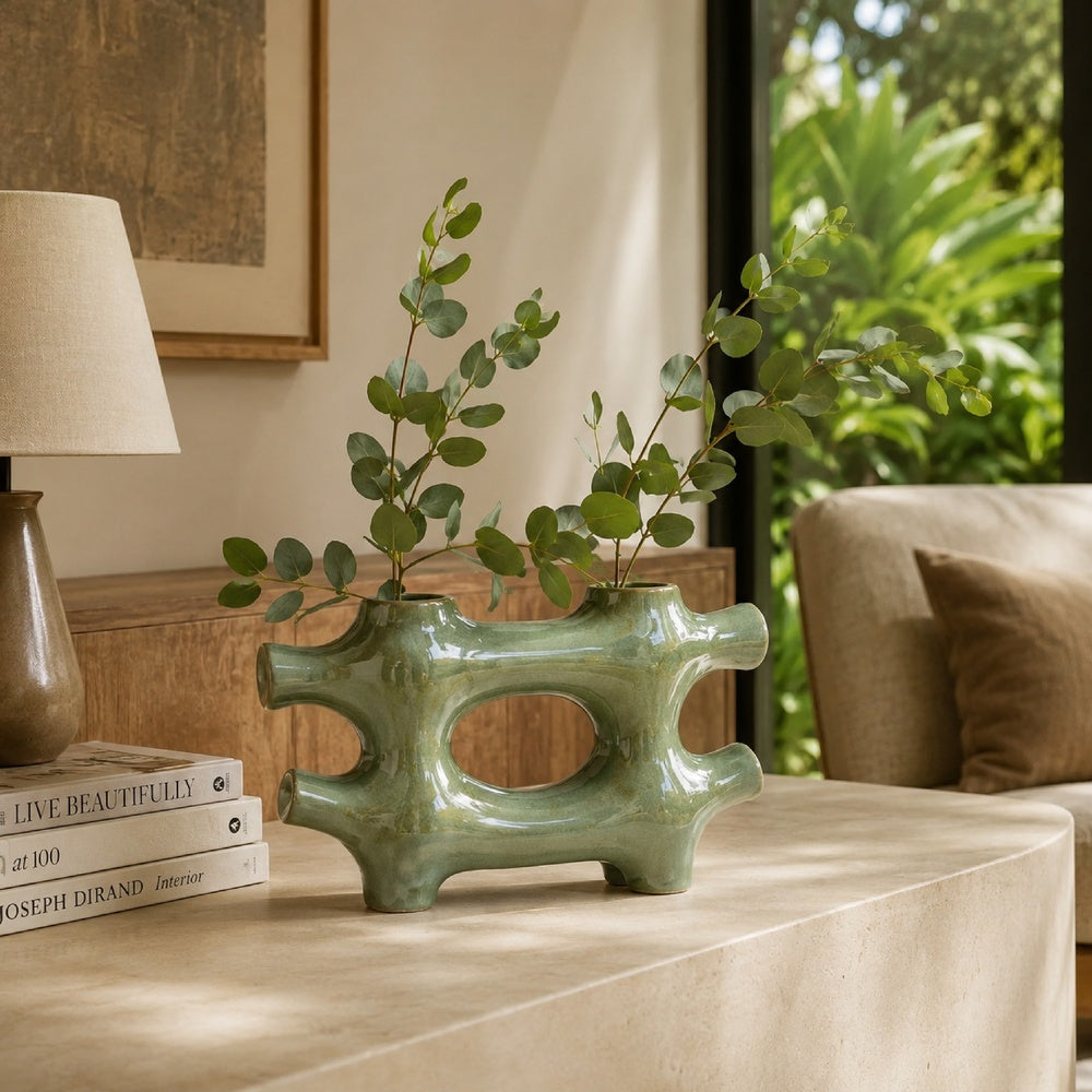 Sculptural Vase Décor | Glazed Abstract Art | 17" Sage Green Ceramic