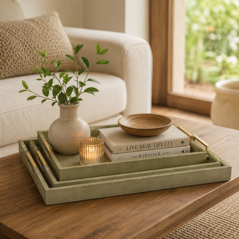 Koi 3pc Nested Serving Tray Set | Faux Shagreen Texture | Sage Green Décor