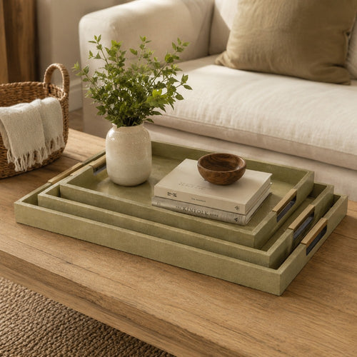 Koi 3pc Nested Serving Tray Set | Faux Shagreen Texture | Sage Green Décor