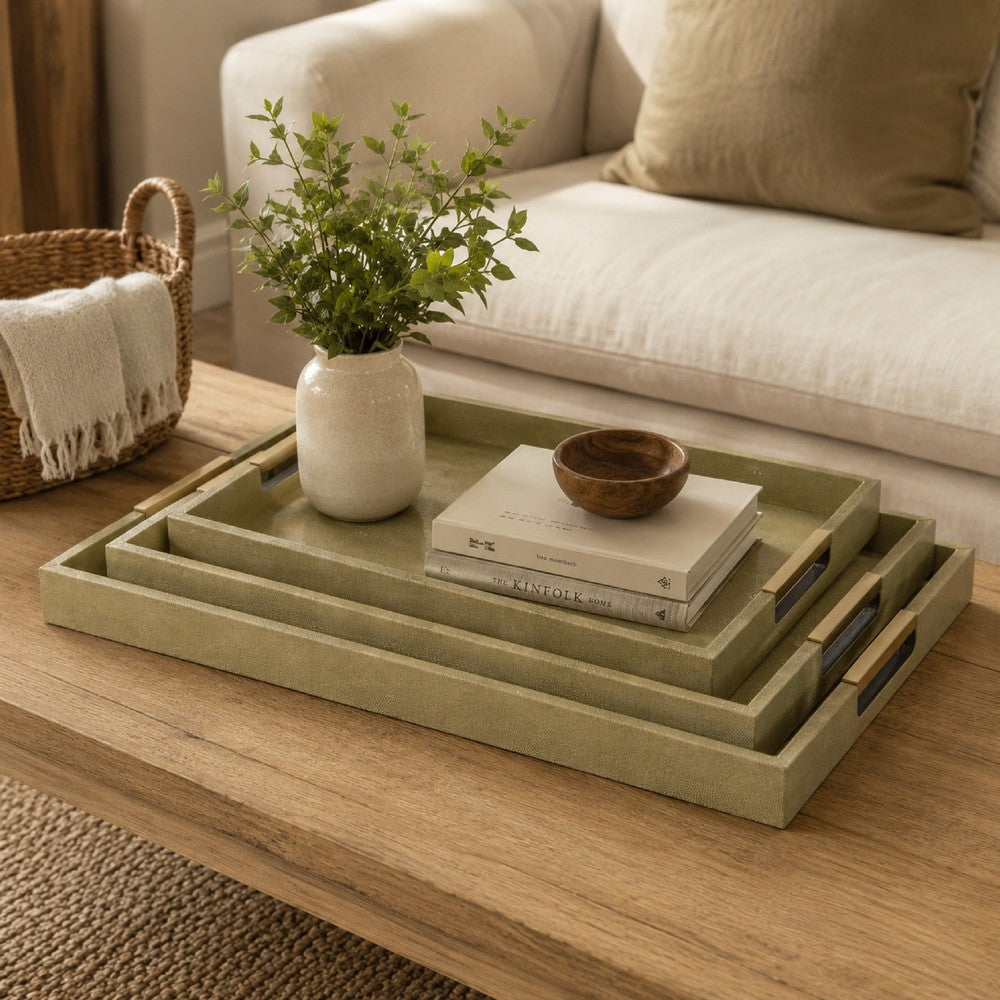 Koi 3pc Nested Serving Tray Set | Faux Shagreen Texture | Sage Green Décor