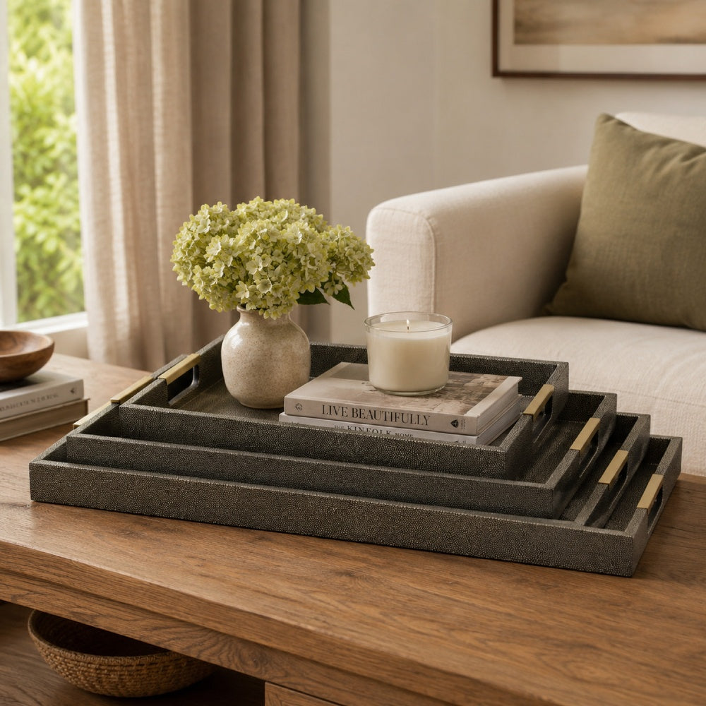 Koi 3pc Nested Serving Tray Set | Faux Shagreen Texture | Bronze Décor