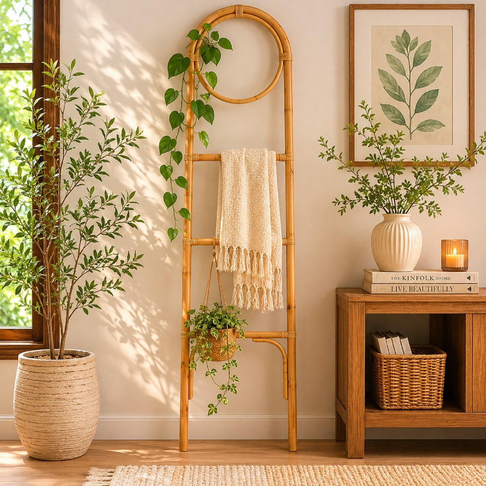 Kinu Decorative Ladder Rack with Round Top | Natural Brown Fiber | 72"