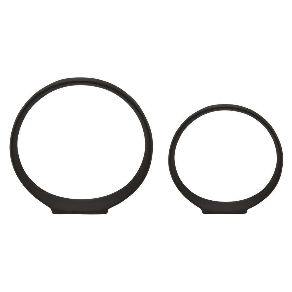 Circular Ring Sculpted Tabletop Décor Set of 2 | Matte Black Metal