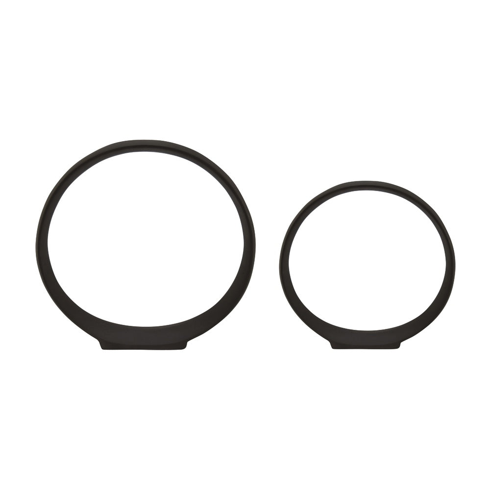 Circular Ring Sculpted Tabletop Décor Set of 2 | Matte Black Metal