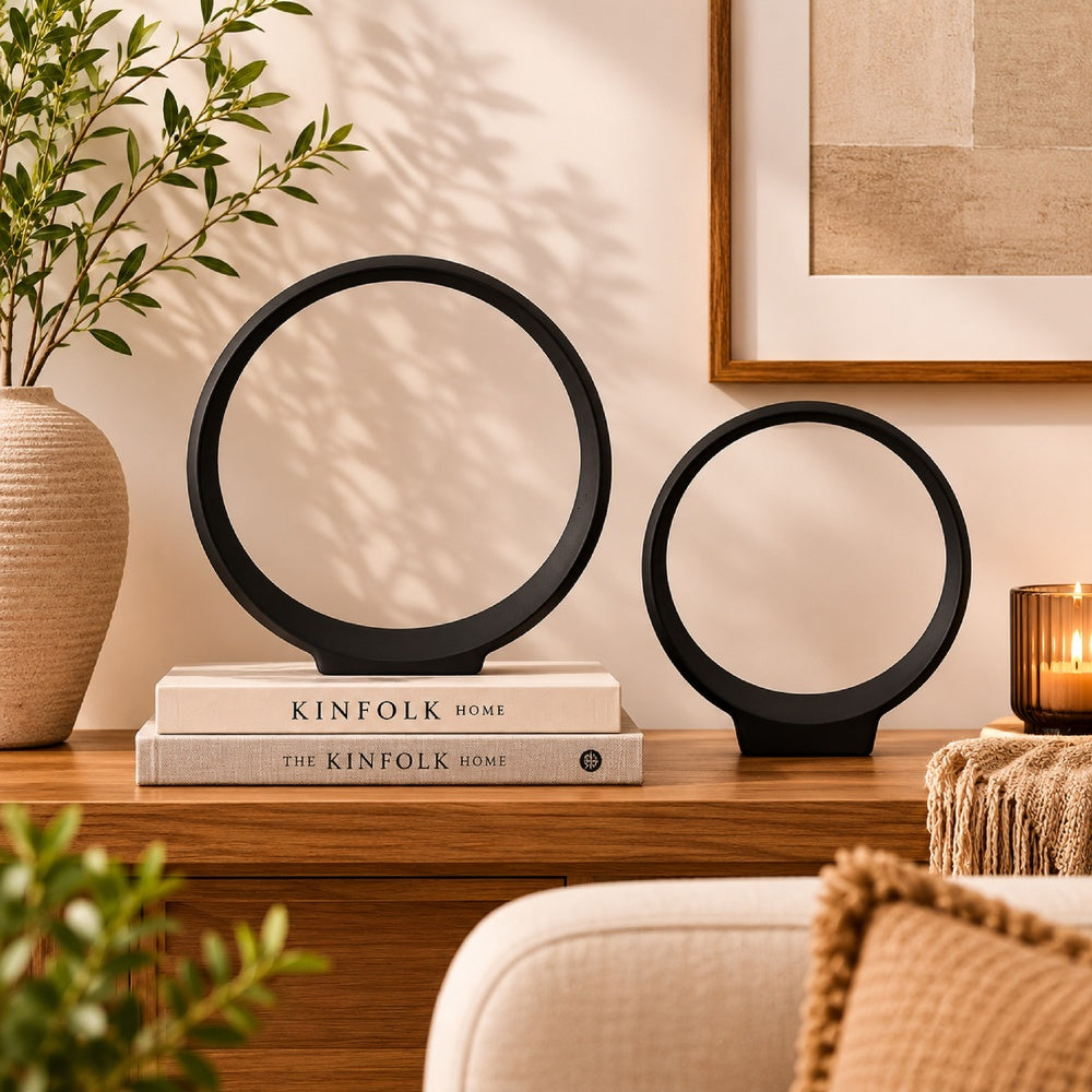 Circular Ring Sculpted Tabletop Décor Set of 2 | Matte Black Metal
