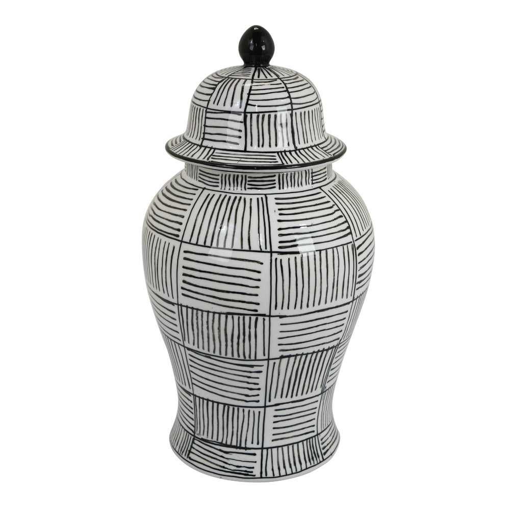 Loi Temple Jar with Lid | Black White Grid Pattern Ceramic | 17" Decor