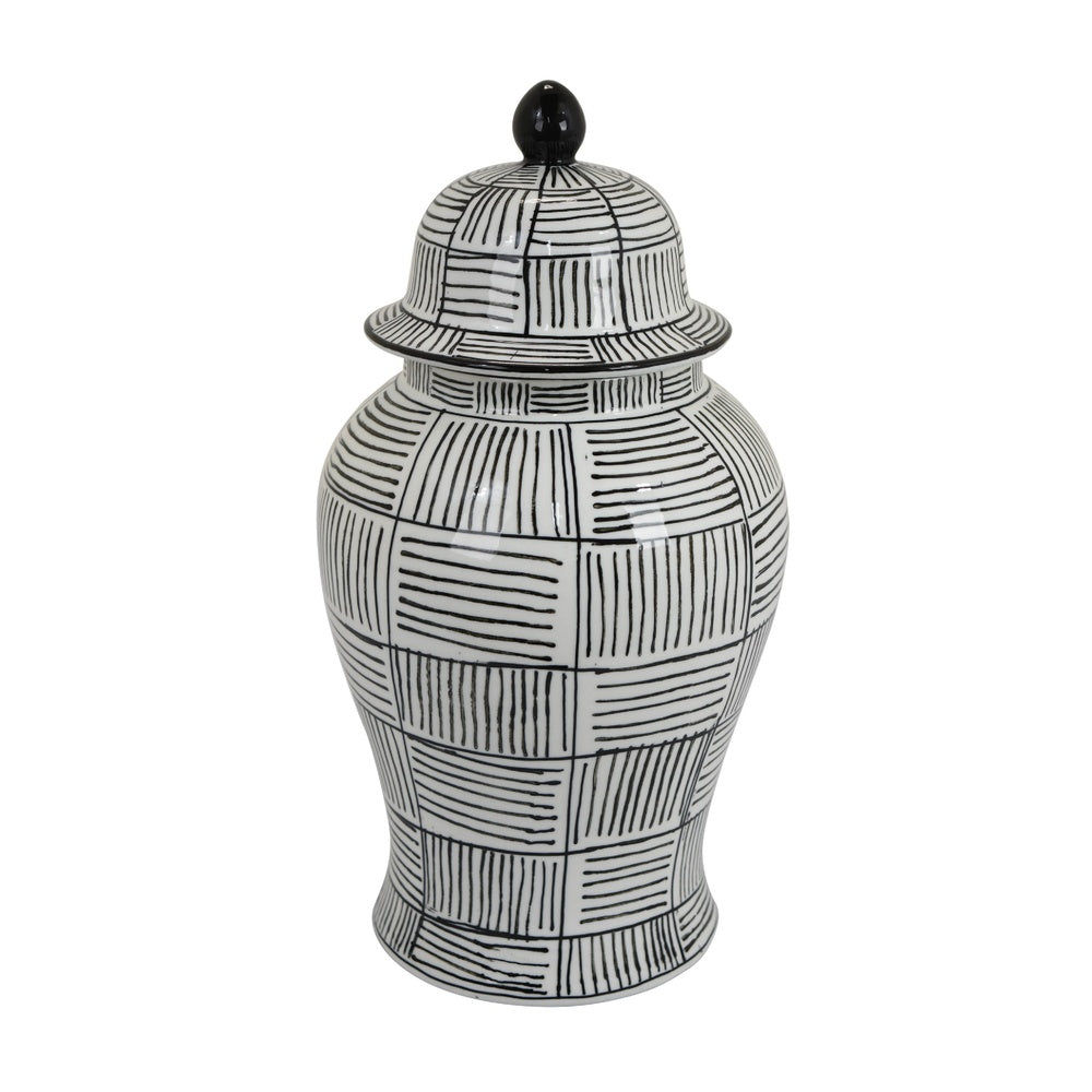 Loi Temple Jar with Lid | Black White Grid Pattern Ceramic | 17" Decor