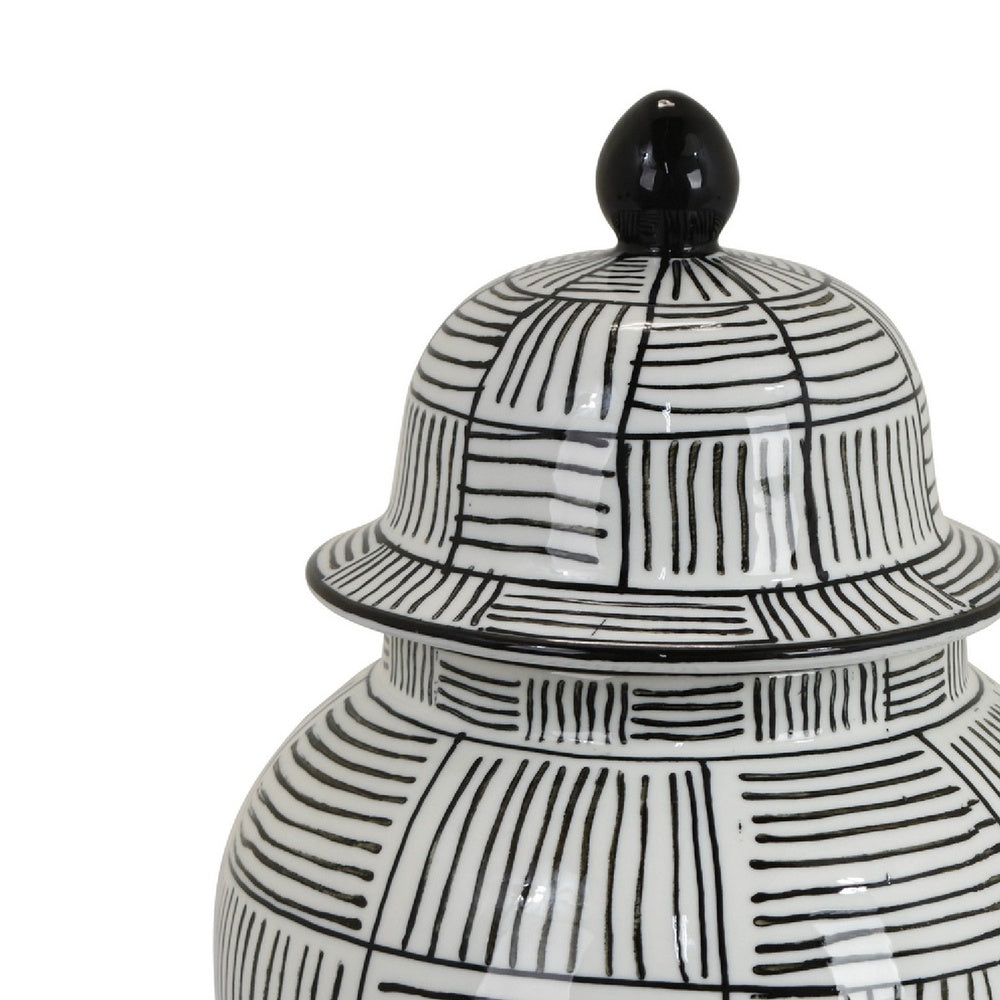 Loi Temple Jar with Lid | Black White Grid Pattern Ceramic | 17" Decor