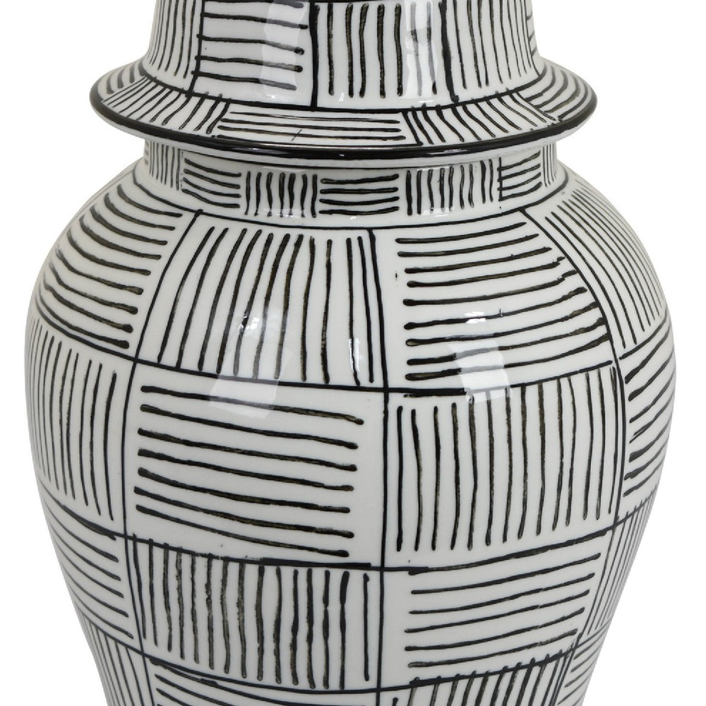 Loi Temple Jar with Lid | Black White Grid Pattern Ceramic | 17" Decor