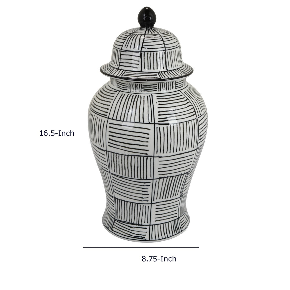 Loi Temple Jar with Lid | Black White Grid Pattern Ceramic | 17" Decor
