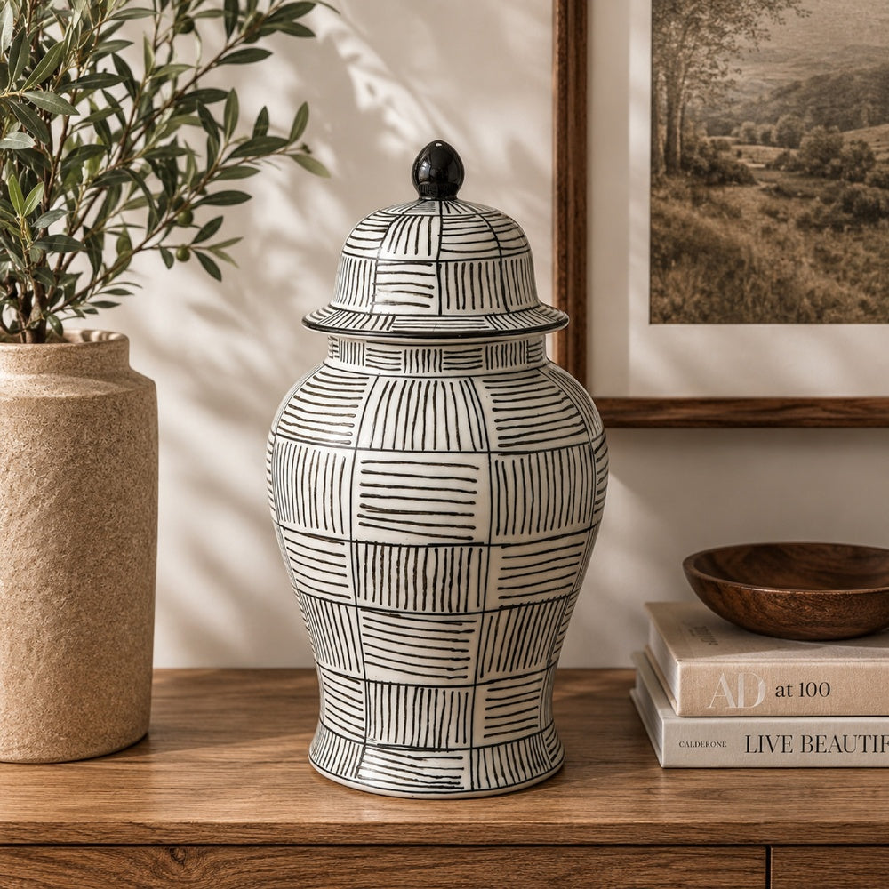 Loi Temple Jar with Lid | Black White Grid Pattern Ceramic | 17" Decor