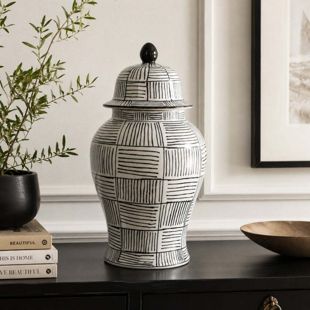 Loi Temple Jar with Lid | Black White Grid Pattern Ceramic | 17" Decor