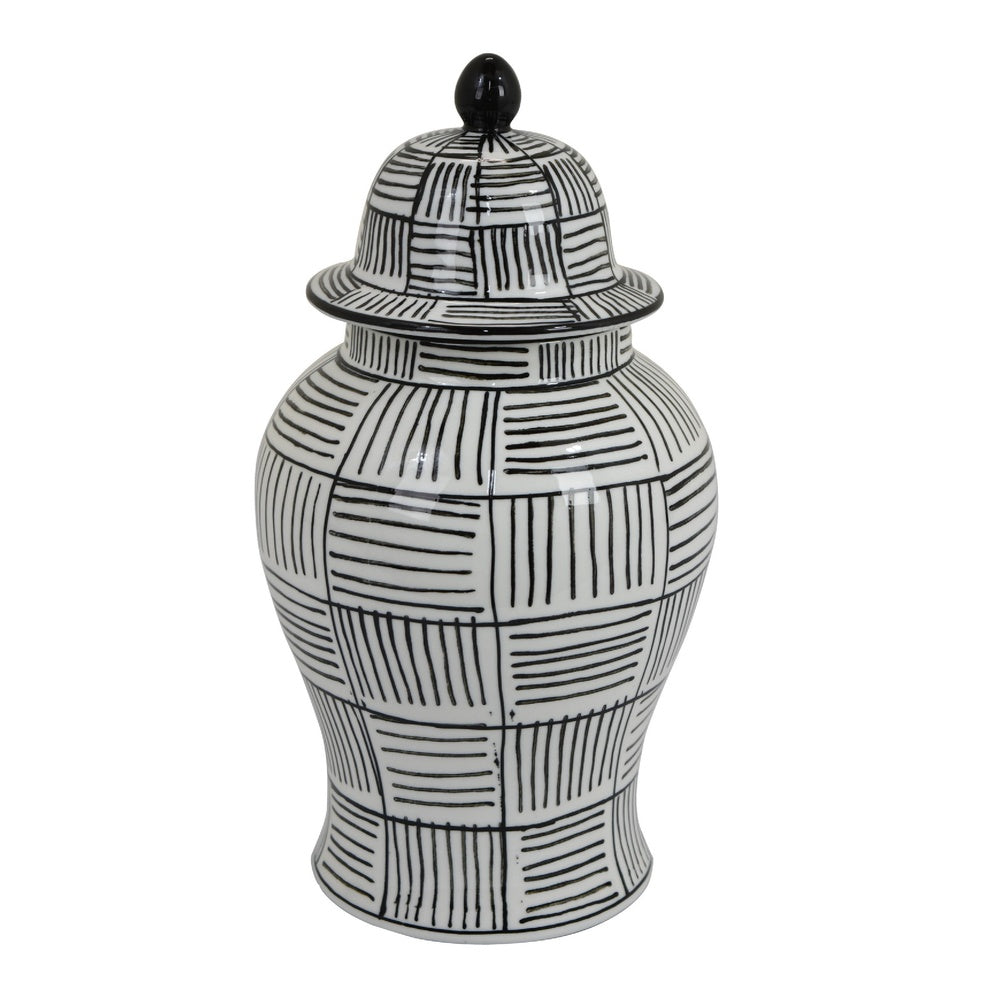 Loi Temple Jar with Lid | Black White Grid Pattern Ceramic | 13" Decor