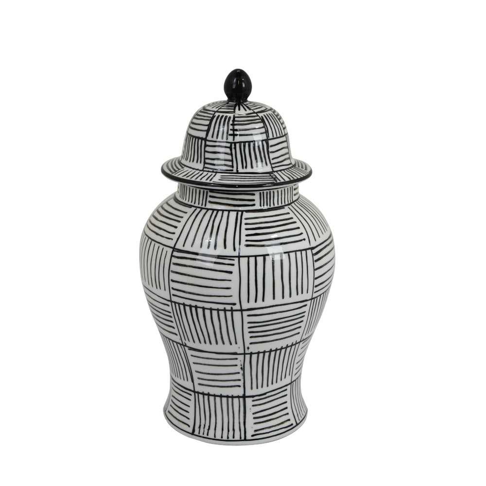 Loi Temple Jar with Lid | Black White Grid Pattern Ceramic | 13" Decor