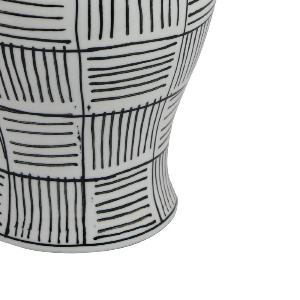 Loi Temple Jar with Lid | Black White Grid Pattern Ceramic | 13" Decor