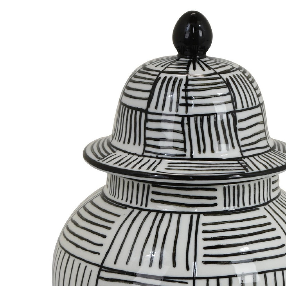 Loi Temple Jar with Lid | Black White Grid Pattern Ceramic | 13" Decor