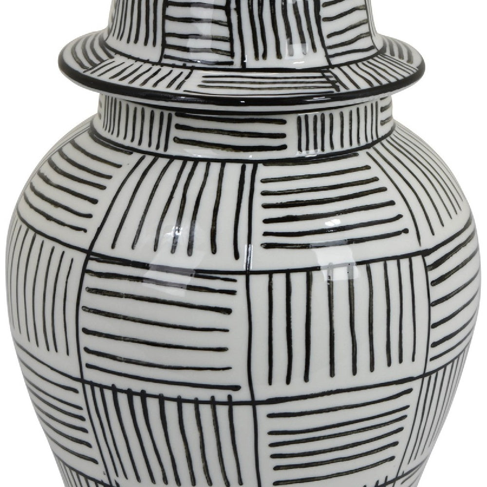 Loi Temple Jar with Lid | Black White Grid Pattern Ceramic | 13" Decor