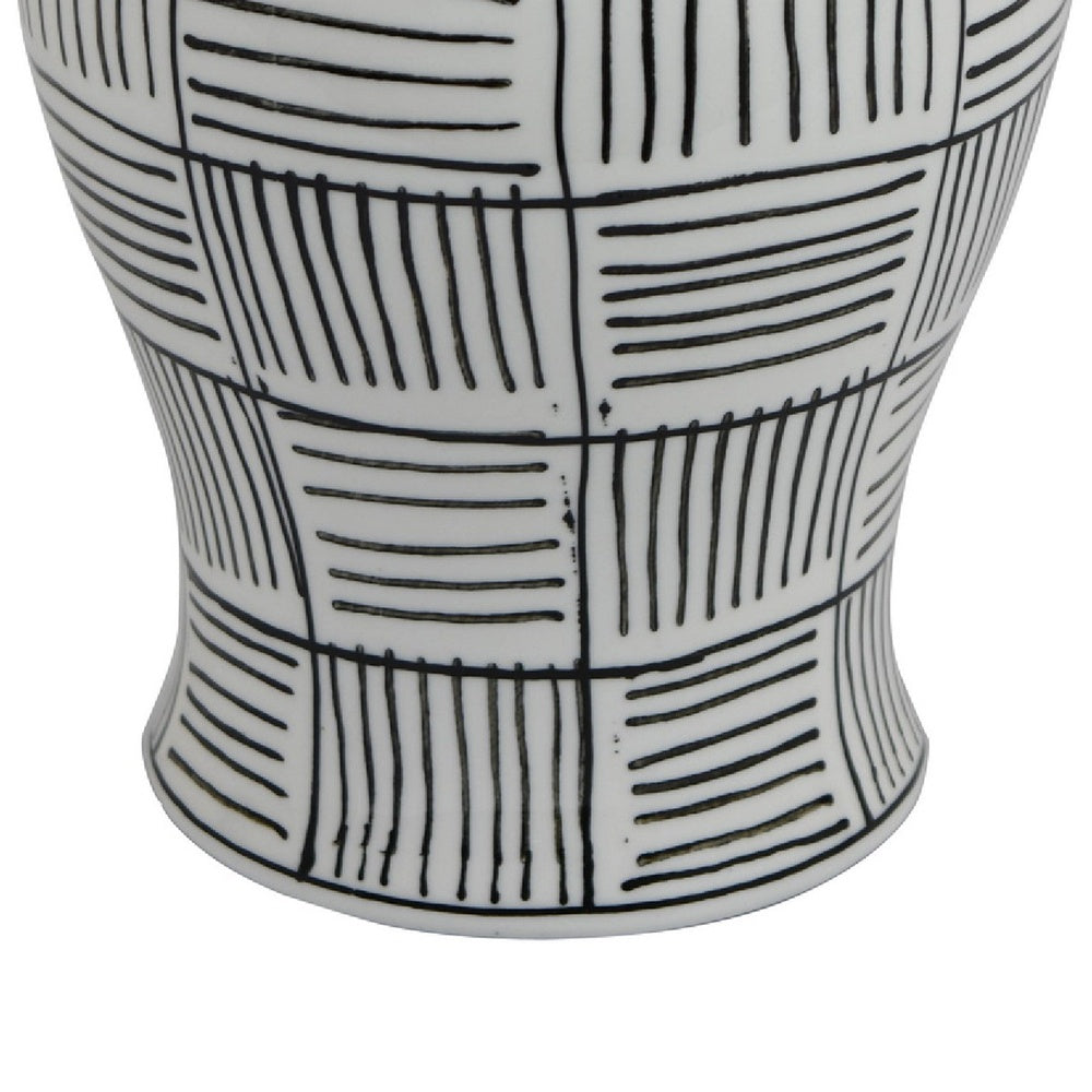Loi Temple Jar with Lid | Black White Grid Pattern Ceramic | 13" Decor