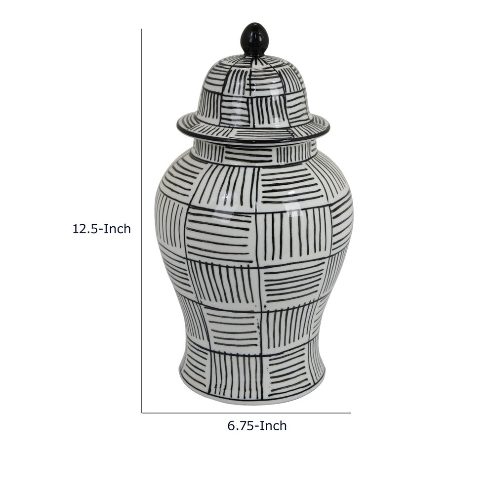 Loi Temple Jar with Lid | Black White Grid Pattern Ceramic | 13" Decor