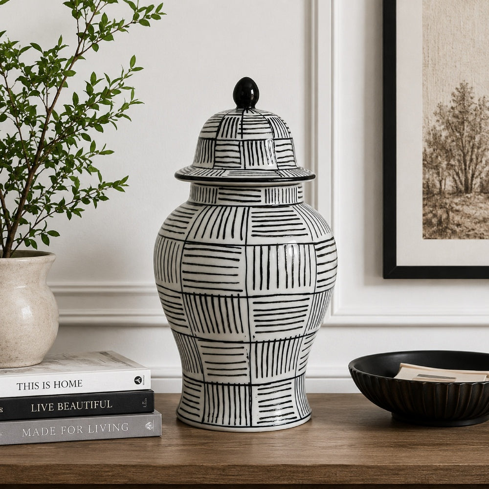 Loi Temple Jar with Lid | Black White Grid Pattern Ceramic | 13" Decor