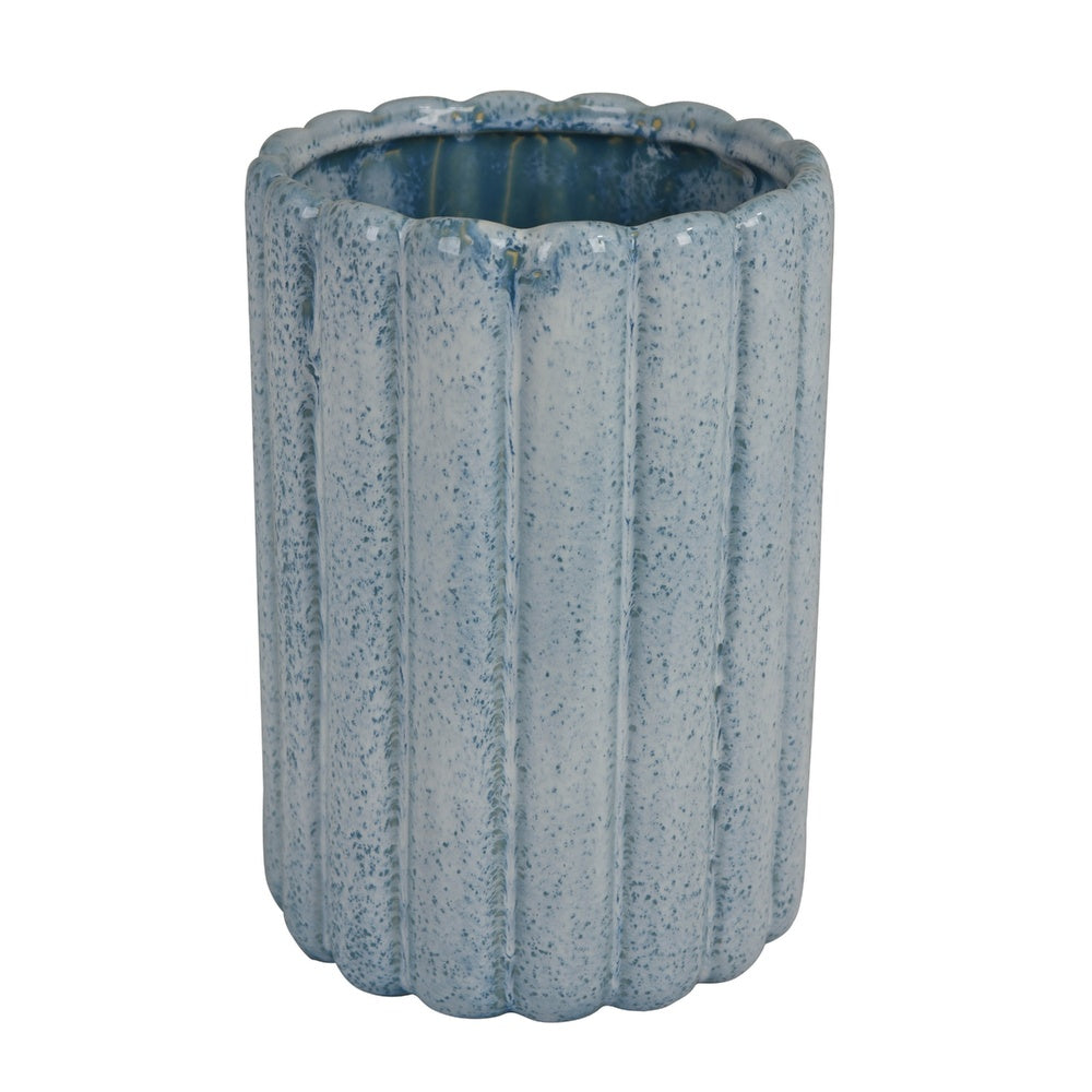Scalloped Planter | Cylindrical Shape | Speckled Blue Ceramic 11"