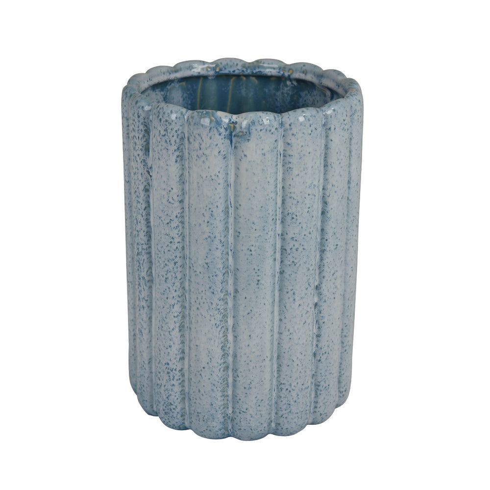 Scalloped Planter | Cylindrical Shape | Speckled Blue Ceramic 11"