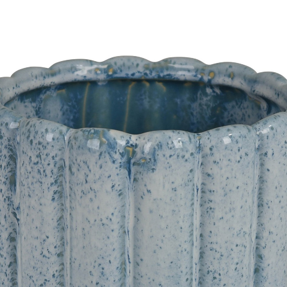 Scalloped Planter | Cylindrical Shape | Speckled Blue Ceramic 11"