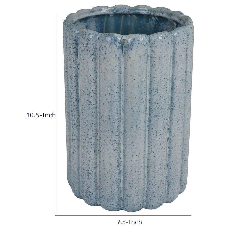 Scalloped Planter | Cylindrical Shape | Speckled Blue Ceramic 11"