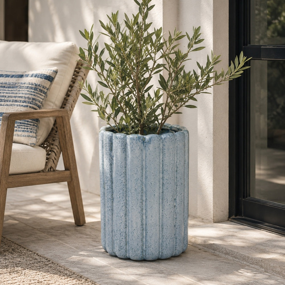 Scalloped Planter | Cylindrical Shape | Speckled Blue Ceramic 11"