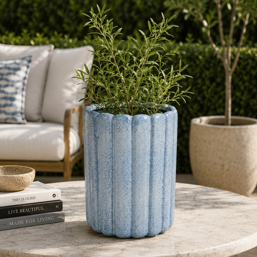Scalloped Planter | Cylindrical Shape | Speckled Blue Ceramic 11"