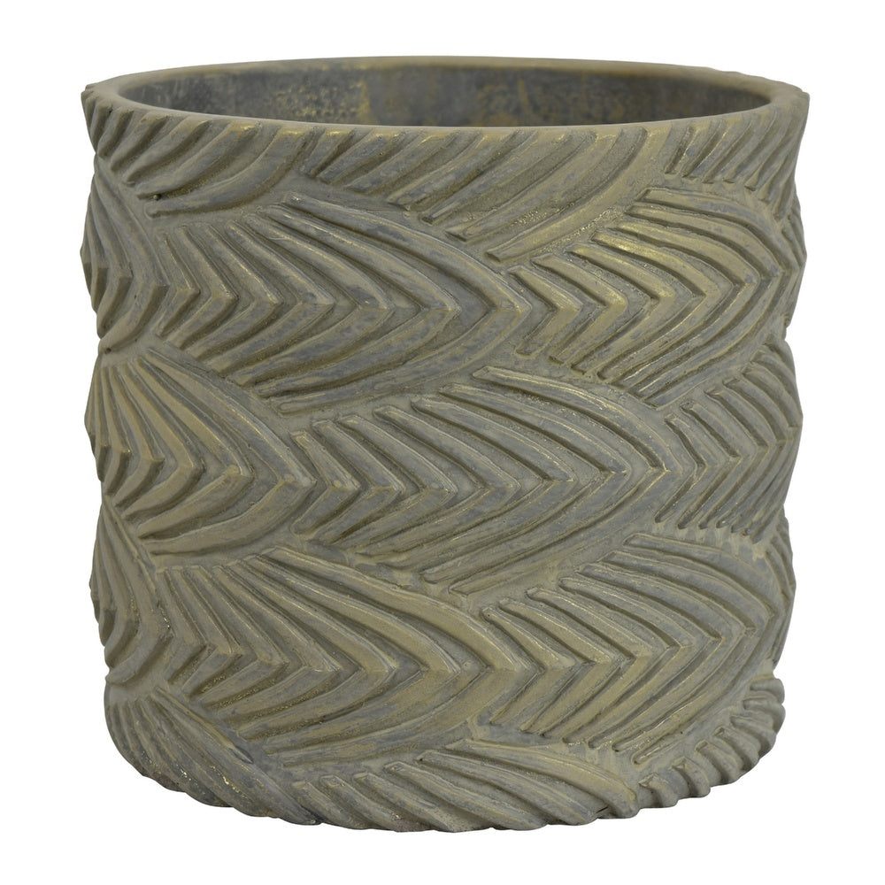 Cylindrical Planter | Raised Feather Motifs | Gray & Gold Terracotta 7"